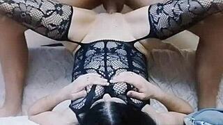 Beautiful sex with skinny wife in bodysuit from pov