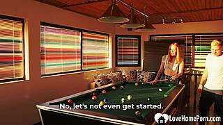 sexy tattooed redhead breaks billiard room rules with bent over sex