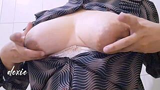 this pinay chubby babe playing with her big natural tits during office break. wanna see more?