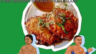 in this false hood wrestling match, young chinese nico moron battles with food elements