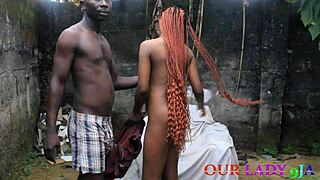 The lucky security man fucked the skinny big tit ebony cook at the backyard hardcore