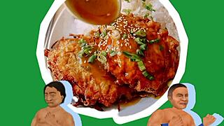 in this false hood wrestling match, young chinese nico moron battles with food elements