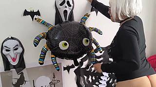 I fucked her tight ass stepmom dressed as a sexy witch for halloween she asked me to record her with my cell phone then i got excited watching her and played with my tongue in her big pussy