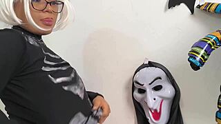 I fucked her tight ass stepmom dressed as a sexy witch for halloween she asked me to record her with my cell phone then i got excited watching her and played with my tongue in her big pussy