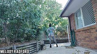 Outdoor walking and bikini try on with a mature woman.