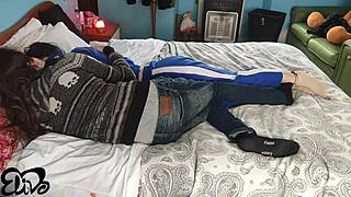 Tender cuddles in bed lead to passionate missionary creampie sex.