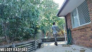 Outdoor walking and bikini try on with a mature woman.