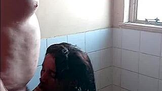 Grandpa and daddy enjoy amazing bathroom blowjob sex