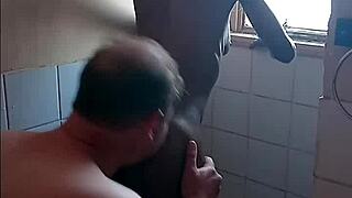Grandpa and daddy enjoy amazing bathroom blowjob sex