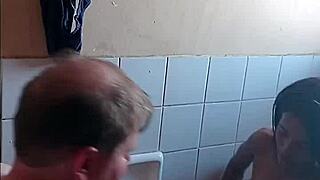 Grandpa and daddy enjoy amazing bathroom blowjob sex