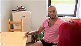 busty german redhead milf with tattoo and piercing has anal sex in kitchen