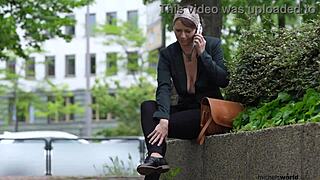 Submissive Business Woman Blindfolded and Exposed in Public Flashing Her Saggy Tits.