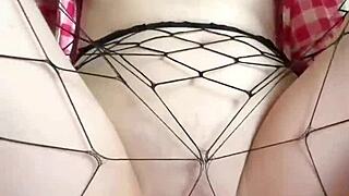 innocent girl plays with big dildo through pantyhose until she cums