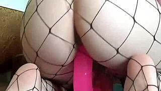 innocent girl plays with big dildo through pantyhose until she cums