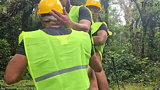 workers on labor day take a break for some heavy bareback action outdoors