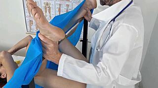 Naughty wife lets the gynecologist play with her pussy during the exam.