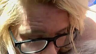 Real Hooker In Glasses Kneels Publicly For Cum Load After Sucking Old Man