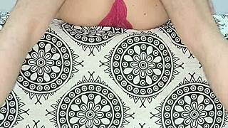 Red lingerie milf looks sexy in natural tits outfit.