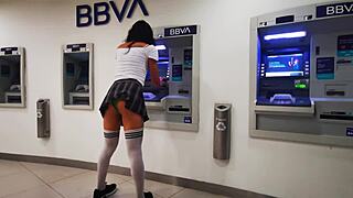 Latina trans teen in miniskirt exhibits on cablebus