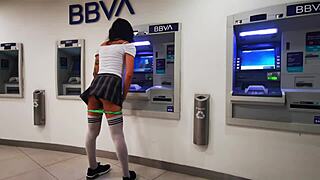 Latina trans teen in miniskirt exhibits on cablebus