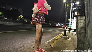 Latina trans teen in miniskirt exhibits on cablebus