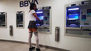 Latina trans teen in miniskirt exhibits on cablebus