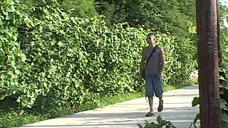 Intense hairy pussy fucking on public bench