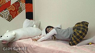 Japanese student pleasures herself after school with toys