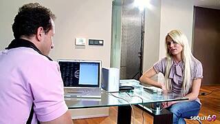 Blonde Fit Model Collaborates With Older Guy On Job