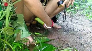 Huge Boobs Step-Mom Masturbates With Big Dildo In Rainy Outdoor Public