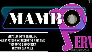 Very slim exotic Brazilian Karina Rose drinks pee first time then fucks 3 huge cocks 😱