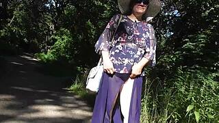 Hairy mature woman flashes in pants at public park