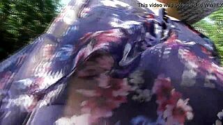 Hairy mature woman flashes in pants at public park