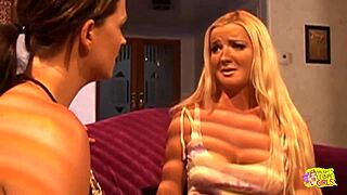 two lesbian friends one brunette and the other one blonde are having fun