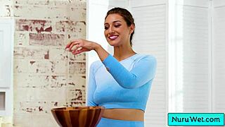 busty teen 18+ masseuse pour nuru gel on her client and rub her naked body on him - evan stone bella rolland