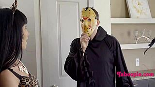 Teens in devil and nurse costumes fuck lucky stepbro in jason myers costume