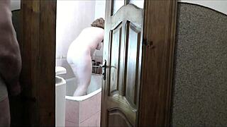 naked woman sexy blonde in bathroom pervert man roommate in short t shirt without panties this watches outside masturbate cock and cum cumshot old young 18+ wet pussy naked in public natural tits