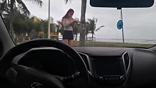 risky self-pleasure for beautiful girl on beach sidewalk