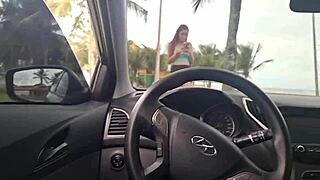 risky self-pleasure for beautiful girl on beach sidewalk