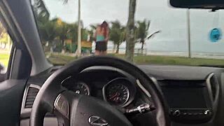 risky self-pleasure for beautiful girl on beach sidewalk