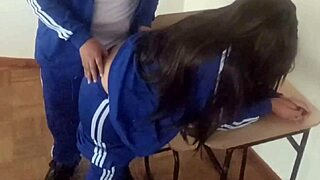 Cute student loses innocence as classmate fucks her hard in classroom