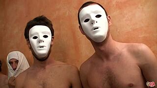 Two hotties sucking cocks and drinking cum in spanish bukkake