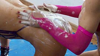 two milfs fuck hard with toys and fingering in stockings