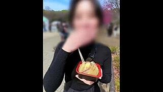 married boss and junior have wild sex on picnic date, leading to creampie.