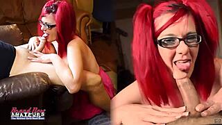 busty redhead lily b enjoys foot licking and blowjob