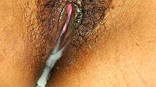 Latina milf spreads tight wet pussy lips up close creamy finish