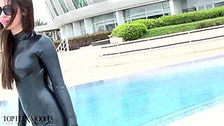 latex flexi doll bends in ballerina poses outdoors