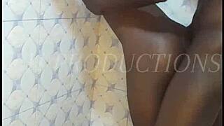 Skinny black teen slut bent over pounded doggy in steamy shower