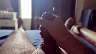 Solo homemade closeup monster cock strokes in sunlit bedroom rays