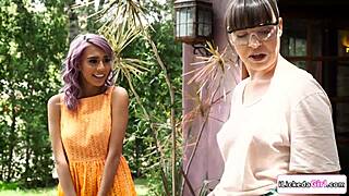 Lesbian milf licks and fingers big tits wife's shaved pussy hard